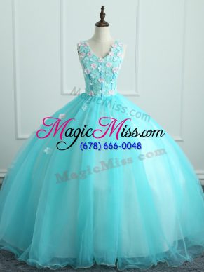Most Popular Aqua Blue Ball Gowns V-neck Sleeveless Organza Floor Length Lace Up Appliques 15th Birthday Dress