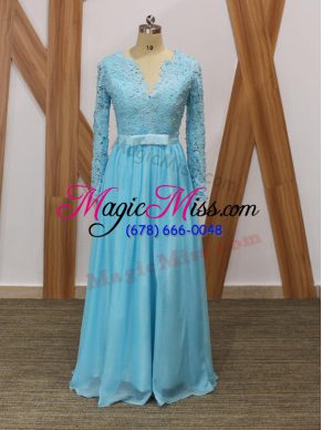 Shining Baby Blue Empire V-neck Long Sleeves Chiffon Floor Length Backless Lace Mother Of The Bride Dress
