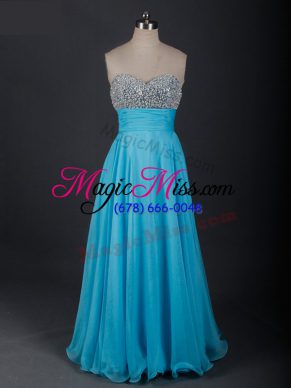 Floor Length Lace Up Prom Evening Gown Baby Blue for Prom and Military Ball and Sweet 16 with Beading