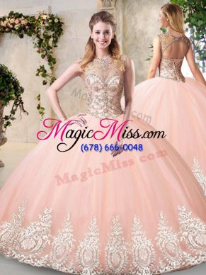 Floor Length Peach Ball Gown Prom Dress Scoop Sleeveless Backless