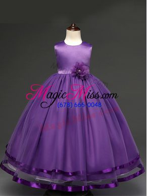 Luxurious Purple Sleeveless Hand Made Flower Floor Length Flower Girl Dress