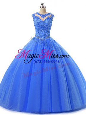 Fitting Floor Length Blue Quinceanera Gowns Scoop Sleeveless Lace Up