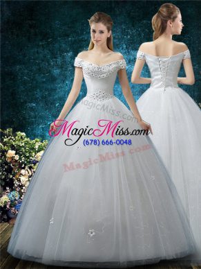 Floor Length Lace Up Wedding Dress White for Wedding Party with Beading and Appliques