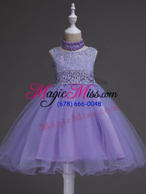 Lavender Organza Zipper Scoop Sleeveless Knee Length Pageant Gowns For Girls Beading and Lace