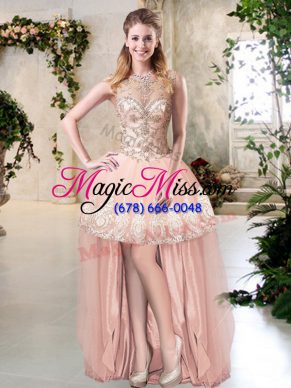 Suitable High Low Zipper Evening Dress Peach for Prom and Party and Sweet 16 with Beading and Lace and Appliques