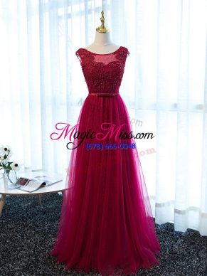 Fuchsia Sleeveless Beading and Lace and Appliques and Belt Floor Length Prom Evening Gown