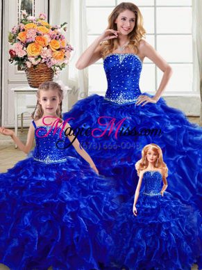 Sophisticated Royal Blue Lace Up Strapless Beading and Ruffles Quince Ball Gowns Organza Sleeveless