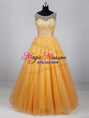 Gold Prom and Party with Beading and Sequins Scoop Sleeveless Lace Up
