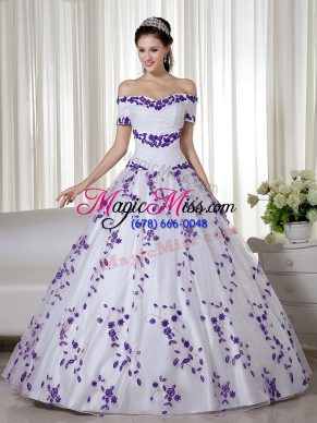 Embroidery Quinceanera Dress White Lace Up Short Sleeves Floor Length