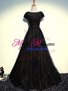 Black Empire Scoop Short Sleeves Tulle Floor Length Zipper Beading and Lace and Belt Mother Of The Bride Dress