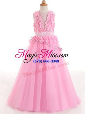 Discount Tulle Sleeveless Floor Length Little Girl Pageant Dress and Appliques and Bowknot