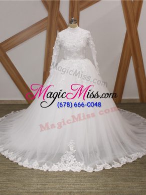 White High-neck Zipper Lace and Appliques Wedding Dresses Court Train Long Sleeves