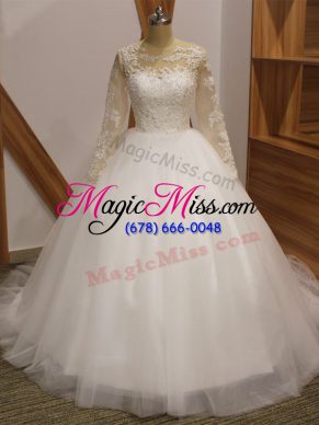 Long Sleeves Tulle Brush Train Clasp Handle Wedding Dresses in White with Lace
