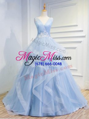 Ideal Light Blue A-line Tulle V-neck Sleeveless Beading and Ruffles Floor Length Lace Up Prom Gown Brush Train