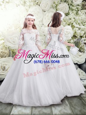 Charming Scoop Half Sleeves Flower Girl Dress Floor Length Lace White Tulle