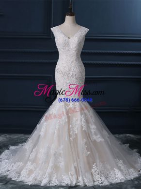 Nice White Sleeveless Brush Train Lace Wedding Dress