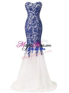 Blue And White Lace Up Sweetheart Lace and Appliques Womens Evening Dresses Tulle Sleeveless Brush Train