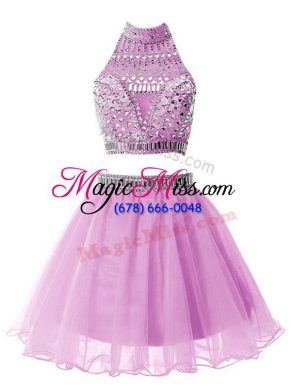 Eye-catching Knee Length Lilac Bridesmaid Dress Organza Sleeveless Beading