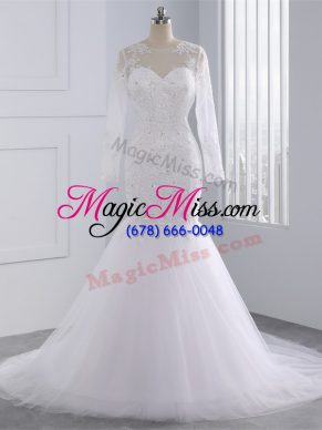 Decent White Tulle Zipper Wedding Dress Long Sleeves Brush Train Beading and Lace and Appliques