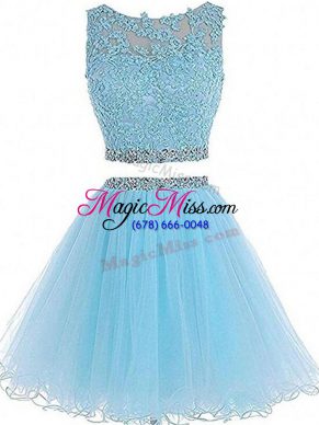 Delicate Aqua Blue Sleeveless Beading and Lace and Appliques Mini Length Dress for Prom