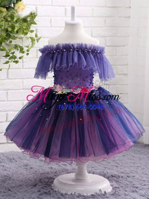 Knee Length Purple Kids Pageant Dress Off The Shoulder Short Sleeves Lace Up