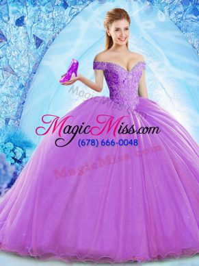 Elegant Sleeveless Beading Lace Up Sweet 16 Quinceanera Dress with Lavender Brush Train