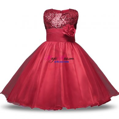 Wine Red Sleeveless Knee Length Bowknot and Belt and Hand Made Flower Zipper Toddler Flower Girl Dress