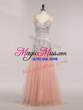 Peach Zipper Evening Dress Beading and Sequins Sleeveless Floor Length