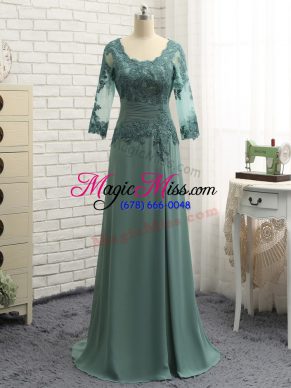 Chiffon Scalloped Long Sleeves Zipper Lace and Appliques and Ruching Mother of Groom Dress in Green