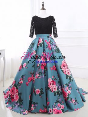 Extravagant Multi-color Long Sleeves Printed Brush Train Backless Formal Evening Gowns for Prom and Military Ball and Sweet 16