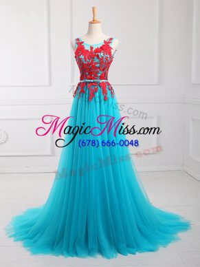 Aqua Blue Scoop Neckline Lace and Appliques Prom Evening Gown Sleeveless Zipper
