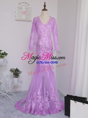 Lilac Mermaid Tulle V-neck Long Sleeves Lace and Appliques Side Zipper Mother Of The Bride Dress Brush Train
