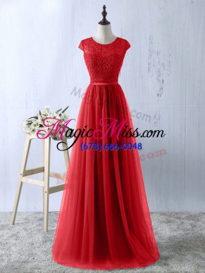 Exquisite Red Dress for Prom Prom and Party and Military Ball with Lace Scoop Short Sleeves Zipper