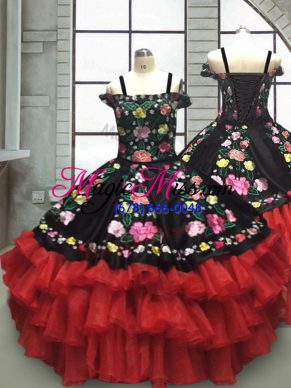 Lovely Sleeveless Floor Length Embroidery and Ruffled Layers Lace Up Pageant Gowns For Girls with Red And Black