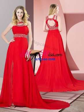 Red Sleeveless Chiffon Brush Train Backless Homecoming Dress for Prom and Party and Military Ball
