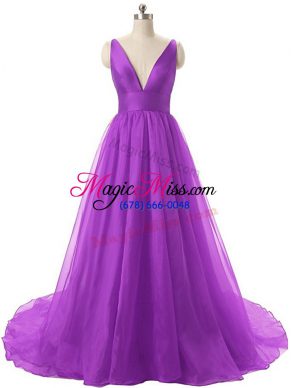 Eggplant Purple Sleeveless Ruching Backless Prom Gown