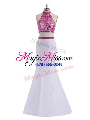 Halter Top Sleeveless Homecoming Dress Floor Length Beading White Satin