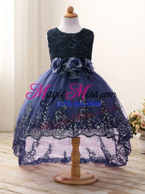 Dynamic Navy Blue Tulle Zipper Scoop Sleeveless High Low Flower Girl Dresses Lace and Appliques and Bowknot and Hand Made Flower