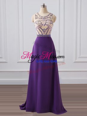 Purple Sleeveless Chiffon Brush Train Zipper Prom Evening Gown for Prom and Military Ball and Sweet 16