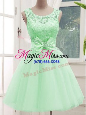 A-line Quinceanera Dama Dress Apple Green Scoop Tulle Sleeveless Knee Length Lace Up