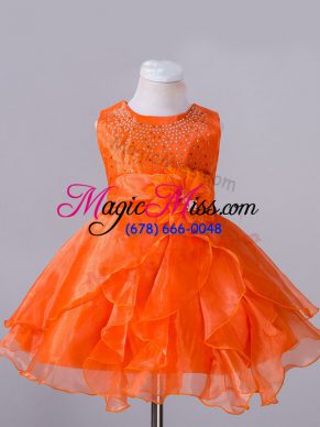 Orange Red Sleeveless Knee Length Beading and Hand Made Flower Zipper Flower Girl Dresses
