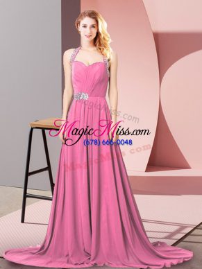 Excellent Zipper Evening Dress Pink for Prom and Party and Military Ball and Beach with Beading and Ruching Brush Train