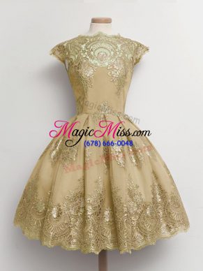 Chic Brown Cap Sleeves Knee Length Lace Lace Up Wedding Party Dress
