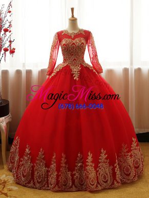 Super Red Long Sleeves Appliques Floor Length Quinceanera Dress