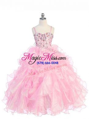 Excellent Baby Pink Sleeveless Organza Lace Up Girls Pageant Dresses for Wedding Party