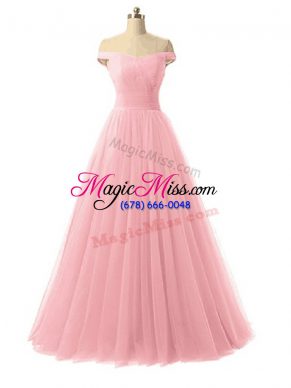 Popular Floor Length Lace Up Prom Dresses Baby Pink for Prom and Party and Military Ball with Ruching