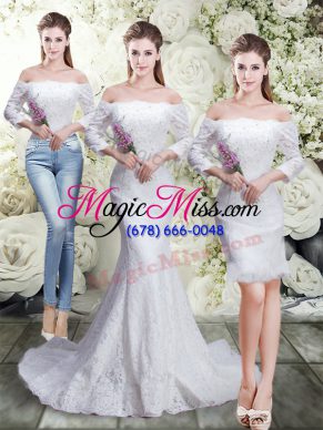 Suitable White Lace Up Wedding Dresses Lace 3 4 Length Sleeve Brush Train