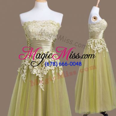 Tulle Strapless Sleeveless Lace Up Appliques Bridesmaid Dresses in Olive Green