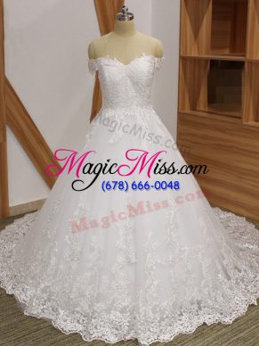 Enchanting Brush Train Ball Gowns Wedding Dresses White Off The Shoulder Tulle Sleeveless Zipper