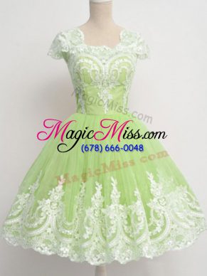 Superior Yellow Green Zipper Square Lace Wedding Guest Dresses Tulle Cap Sleeves